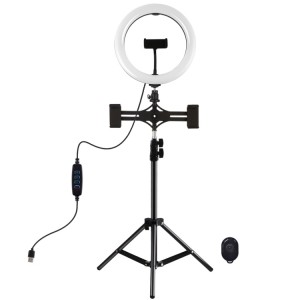Puluz 26cm Light + 1.1m Tripod Mount + Dual Phone Brackets USB 3 Modes Dimmable Dual Color LED Light Ring + Selfie Remote Control (PKT3070B)