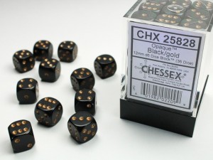 Chessex Opaque 12mm d6 with pips Dice Blocks (36 Dice) - Black/Gold