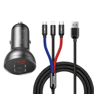 Baseus Car Charger 24W with Display + USB Cable 3-in-1 1.2m (TZCCBX-0G)