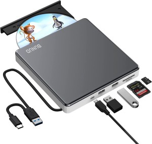 BUNUD External CD/DVD Drive USB 3.0 Type-C CD DVD Writer with SD/TF & USB Slots