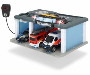 Dickie Toys SOS Rescue Station with Police, Fire Brigade and Ambulance, Station with Light and Sound, Microphone with Speaker Function, Gates to Open, incl. Batteries, 31x22x16 cm (203716015AMA)