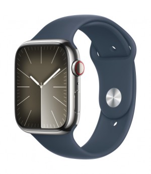 Apple Watch Series 9 GPS + Cellular 45mm Silver Stainless Steel Case with Storm Blue Sport Band (M/ L) MRMP3