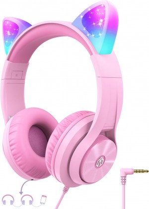 iClever Childrens Headphones for Children, Girls IC Pink LED Light Up Wired Folded Headphones
