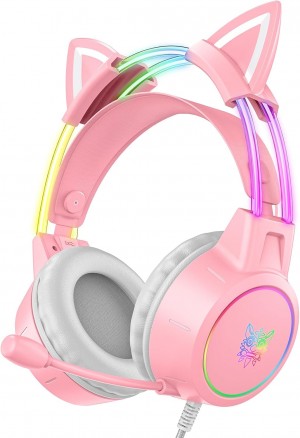 Onikuma X15 PRO RGB Light Double-Head Beam Noise Cancelling Microphone Cat Ear Gaming Headphones Pink