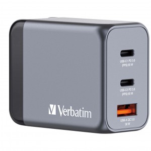 Verbatim GaN Charger 65 W with 3 Ports 2×USB‑C/1×USB‑A