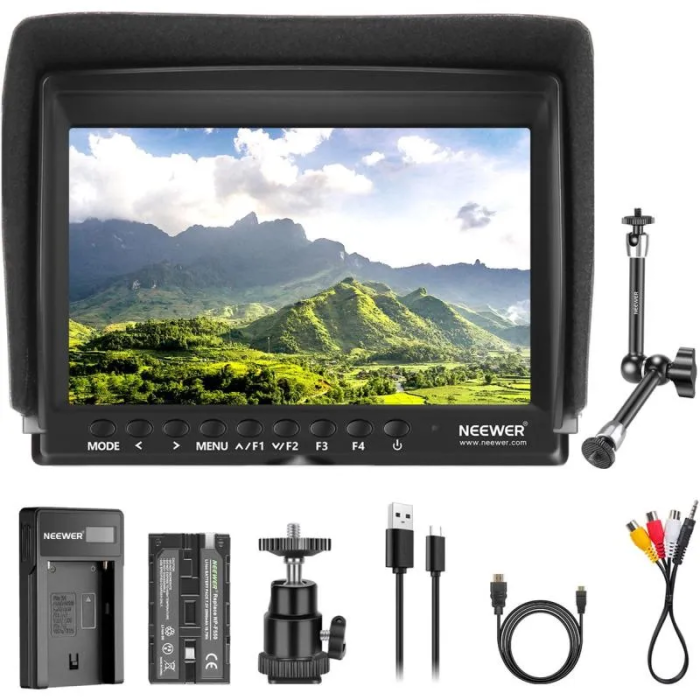 Neewer F100N-MA Camera Monitor + USB Battery Charger + 2600mAh NP-F550 Battery + Magic Arm