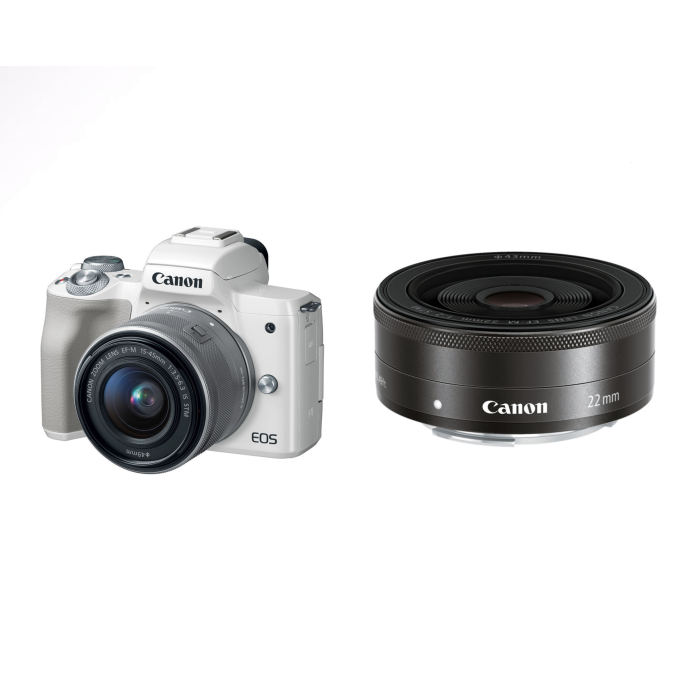 Canon EOS M50 White + EF-M 15-45mm IS STM Silver + EF-M 22mm Black