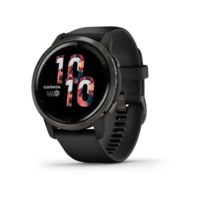 Garmin Venu 2 Zilganpelēks nerūsējošā tērauda ietvars ar melnu korpusu un silikona pulksteņa siksniņu (010-02430-11)
