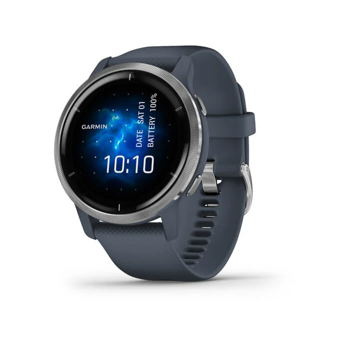 Garmin Venu 2 Sudraba krāsas nerūsējošā tērauda ietvars ar granīta zilu korpusu un silikona pulksteņa siksniņu (010-02430-10) Garmin Venu 2 Sudraba krāsas nerūsējošā tērauda ietvars ar granīta zilu korpusu un silikona pulksteņa siksniņu (010-02430-10)