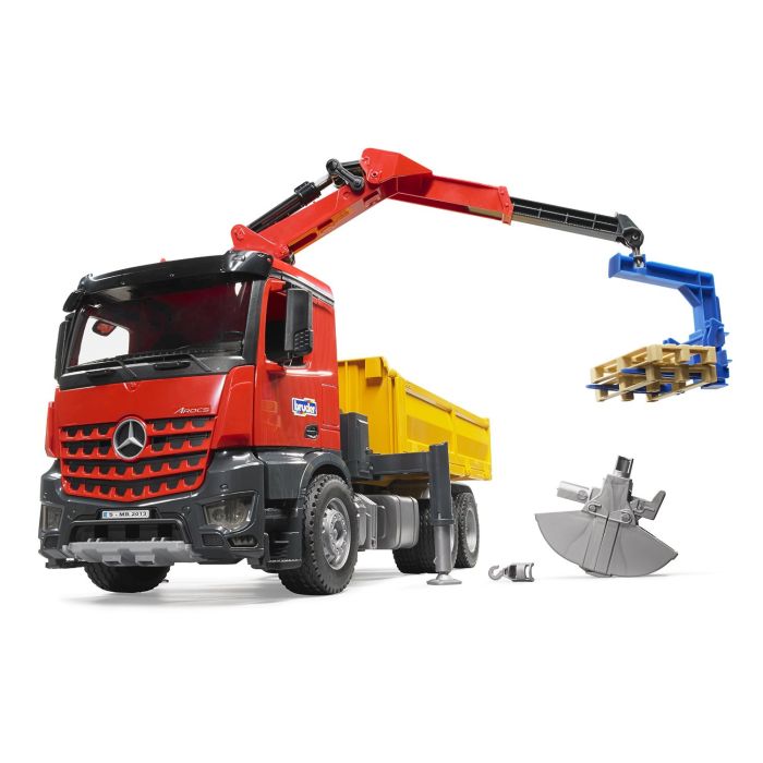 Bruder MB Arocs Construction Truck with Crane Clamshell Buckets and Pallets (03651)