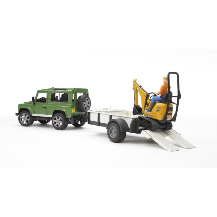 Bruder Land Rover Defender with One Axle Trailer, JCB Micro Excavator and Worker (02593)
