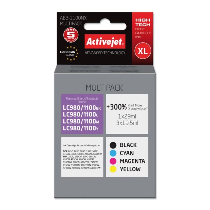 Activejet ABB-1100NX Brother LC1100/LC980Y replacement Supreme 1x29 ml 3x19.5 ml black magenta cyan yellow