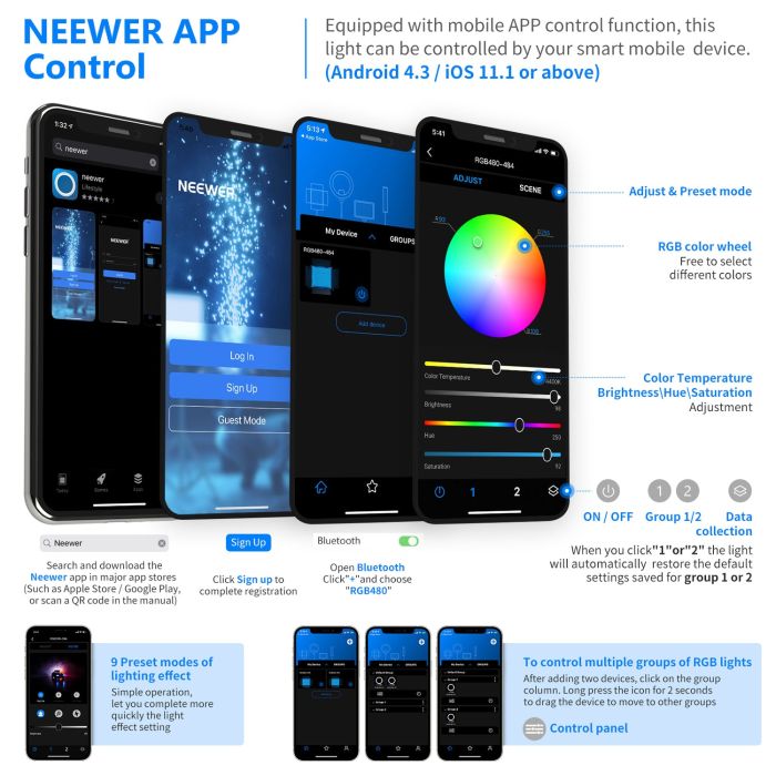 Neewer 2/3 Packs 480 RGB Led Light with APP Control Metal Shell for Photography (10096689)