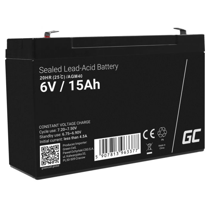 Green Cell AGM 6V 15Ah VRLA Battery Gel deep cycle toys for kids alarm systems for toy vehicles toy car (AGM40)