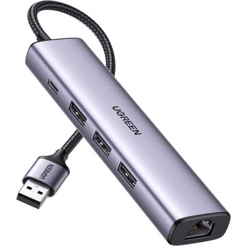 UGREEN USB 3.0 to Ethernet Adapter, 5 in 1 Multiport Hub with Gigabit RJ45 and Type-C Power Port (60554)
