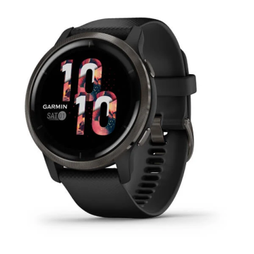 Garmin Venu 2 Zilganpelēks nerūsējošā tērauda ietvars ar melnu korpusu un silikona pulksteņa siksniņu (010-02430-11)
