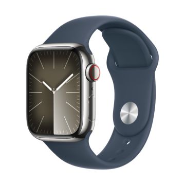 Apple Watch Series 9 GPS + Cellular 41mm Silver Stainless Steel Case with Storm Blue Sport Band (S/ M) MRJ23