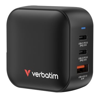 Verbatim Mini GaN Charger 70 W 3‑Port 1×USB‑A, 2×USB‑C