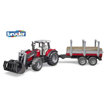 Bruder Massey Ferguson 7480 with Loader and Wooden Transport Trailer Grey / Red (02046)