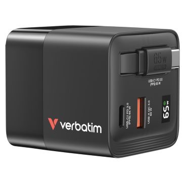 Verbatim GaN Charger 65 W 2‑Port retractable cable US/EU/UK ADP
