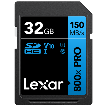 Lexar SDHC 800x Pro UHS-I cards, C10 (V10) U1, R150, 32GB (LSD0800P032G-BNNNG)
