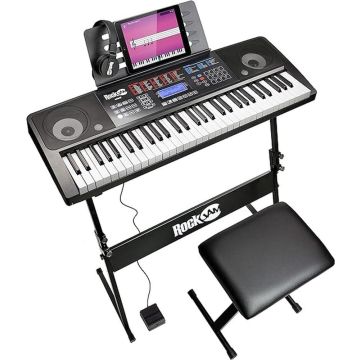 RockJam 61 key keyboard piano set, 61 key digital piano keyboard bench, keyboard stand, headphones, sustain pedal and easy piano application