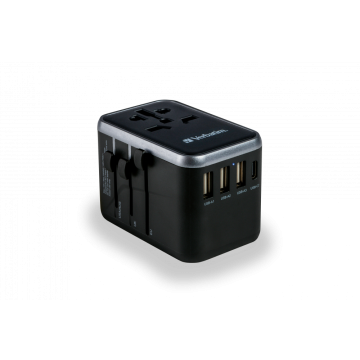 Verbatim Universal Travel Adapter with USB‑C PD and QC, USB‑C and 3 USB‑A