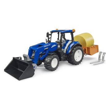 Bruder New Holland T5.120 with frontloader, transport box, forks and 1 round bale (02187)