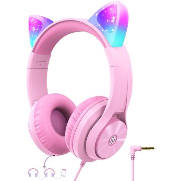 iClever Childrens Headphones for Children, Girls IC Pink LED Light Up Wired Folded Headphones