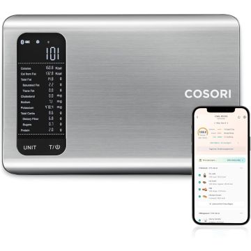 Cosori Digital Kitchen Scales with Nutrition Calculation, App Tracking 19 Nutrients, Calorie Data Analysis, 5 kg Stainless Steel Food Scale