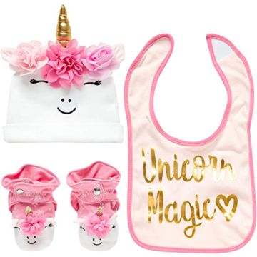 Rising Star Baby Girl Unicorn Hat, Bib, and Bootie Gift Box Set, Pink and White, Age 6-12 Months (GNX88614AZ)