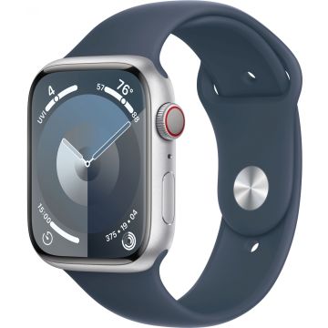 Apple Watch Series 9 GPS + Cellular 45mm Silver Aluminium Case with Storm Blue Sport Band (S/ M) MRMG3